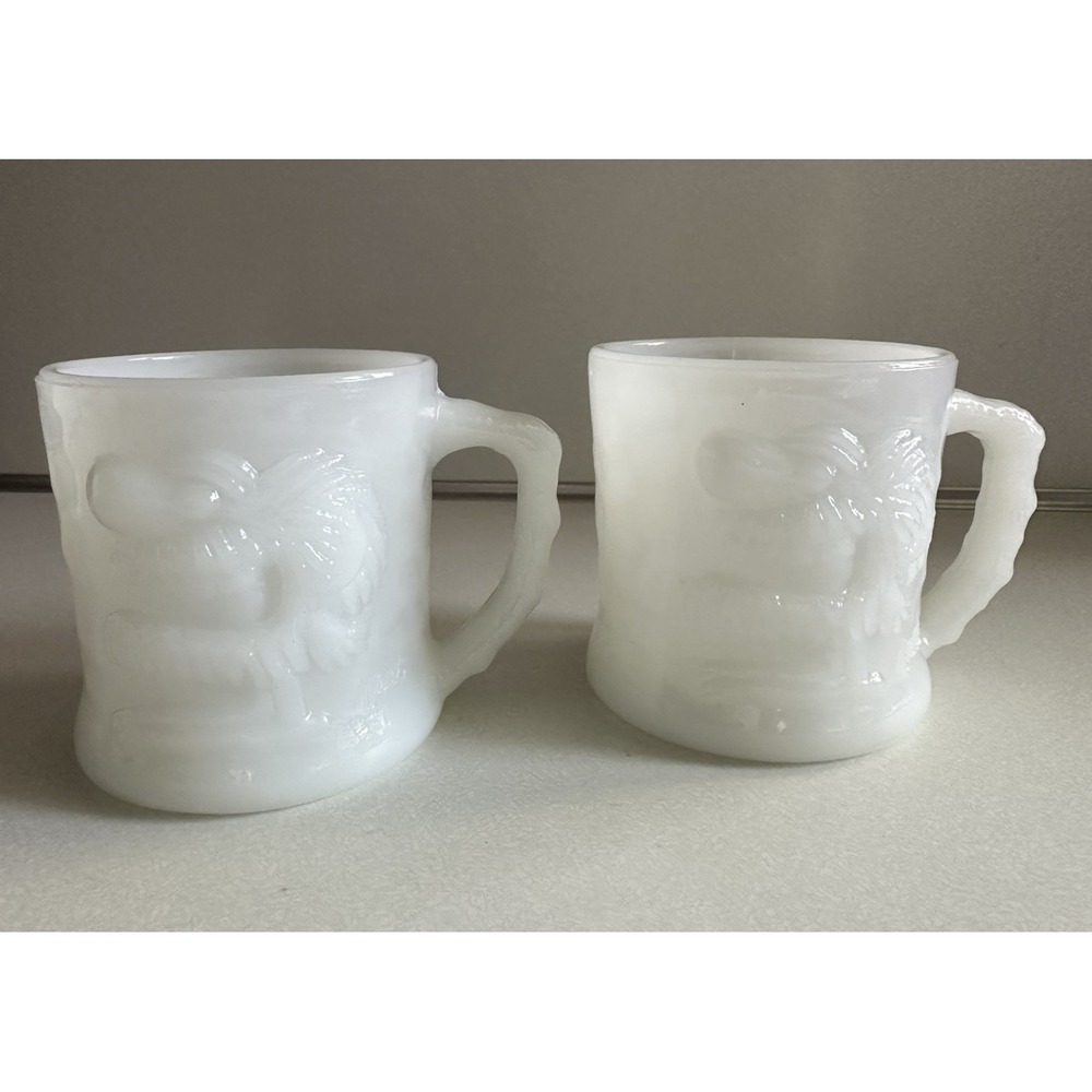 2 Vintage White Milk Glass Coffee Mugs Grog BC Comics Cartoon Johnny Hart VTG